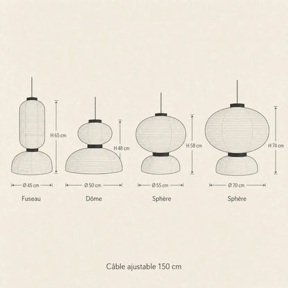 Dimension diagram of the four silhouettes of the Odnell rice paper pendant light | Wickleigh