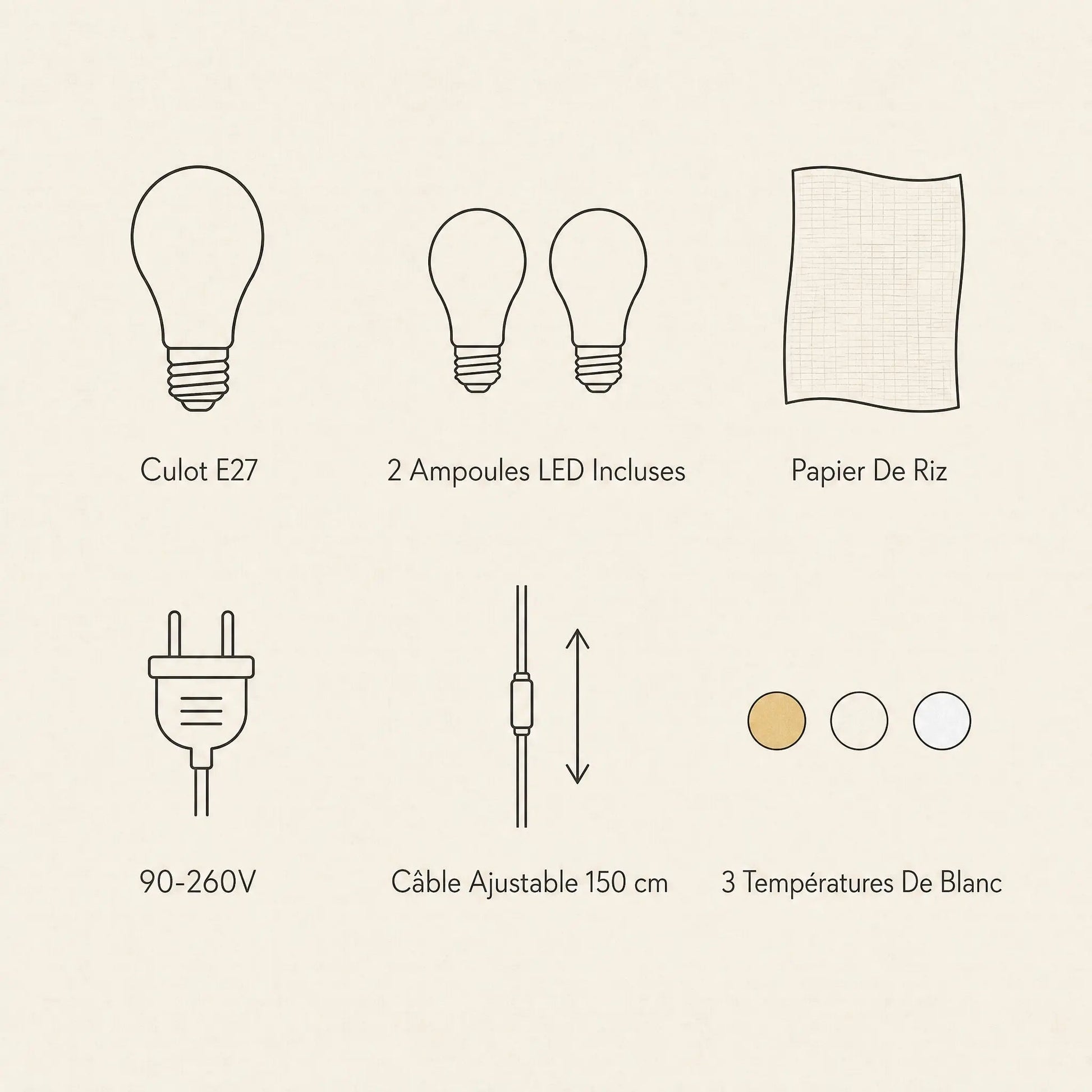 Odnell rice paper pendant light features shown in pictograms | Wickleigh