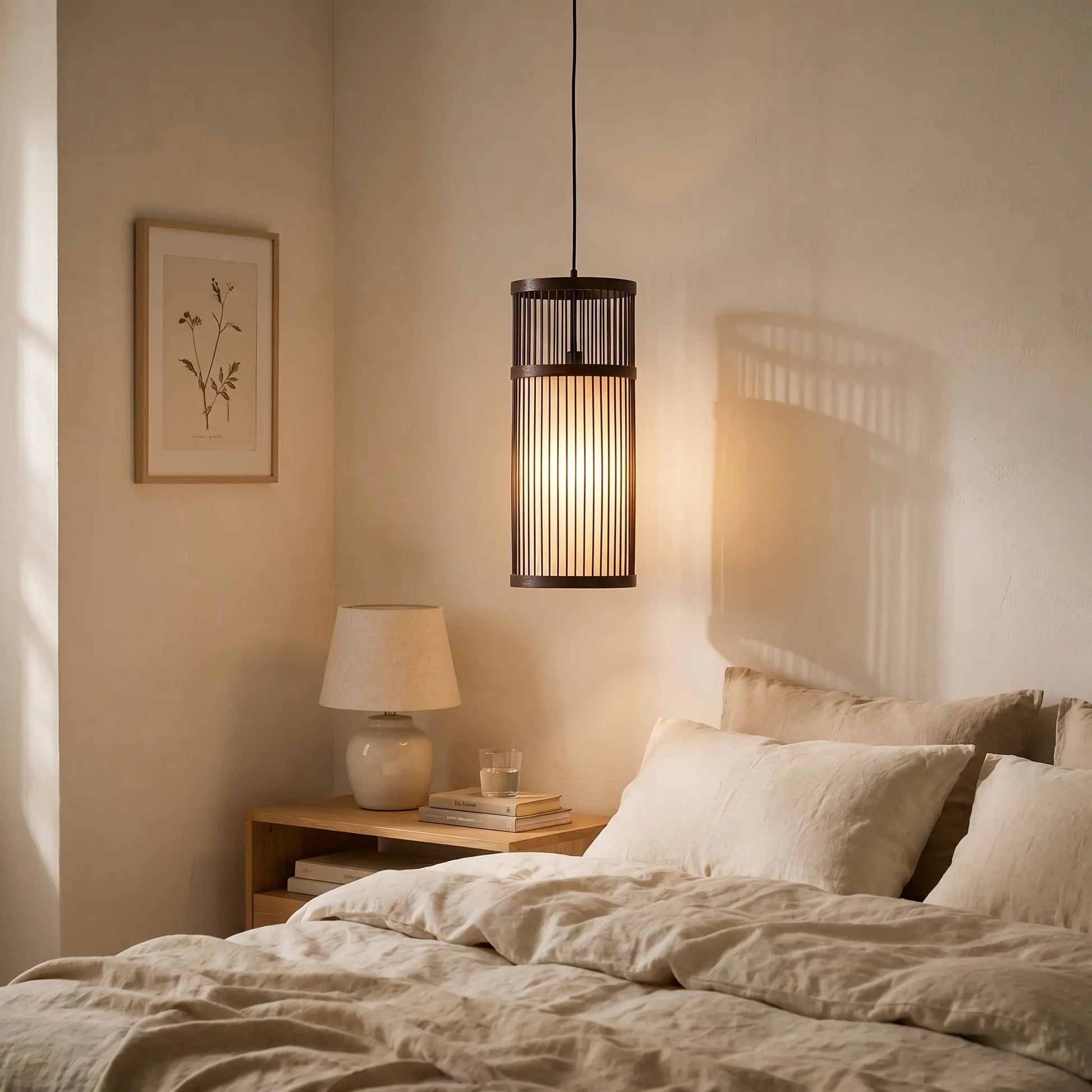 Edron pendant light switched on in a bedroom in the evening | Wickleigh
