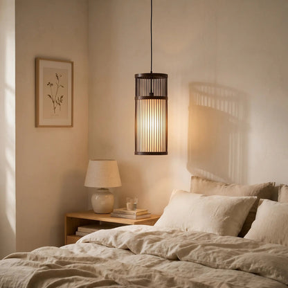 Edron pendant light switched on in a bedroom in the evening | Wickleigh