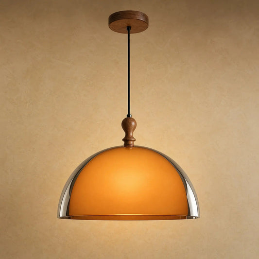 Vigin dining room pendant light, amber dome and walnut wood, straight cable model | Wickleigh