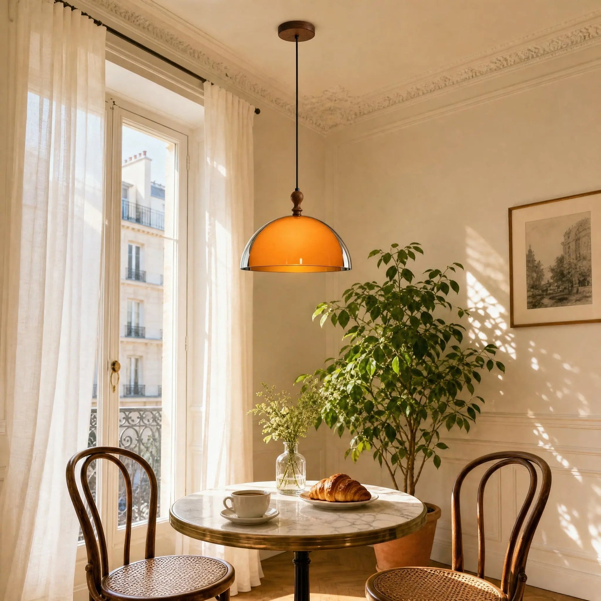 Vigin pendant light above a small marble café table, morning light | Wickleigh