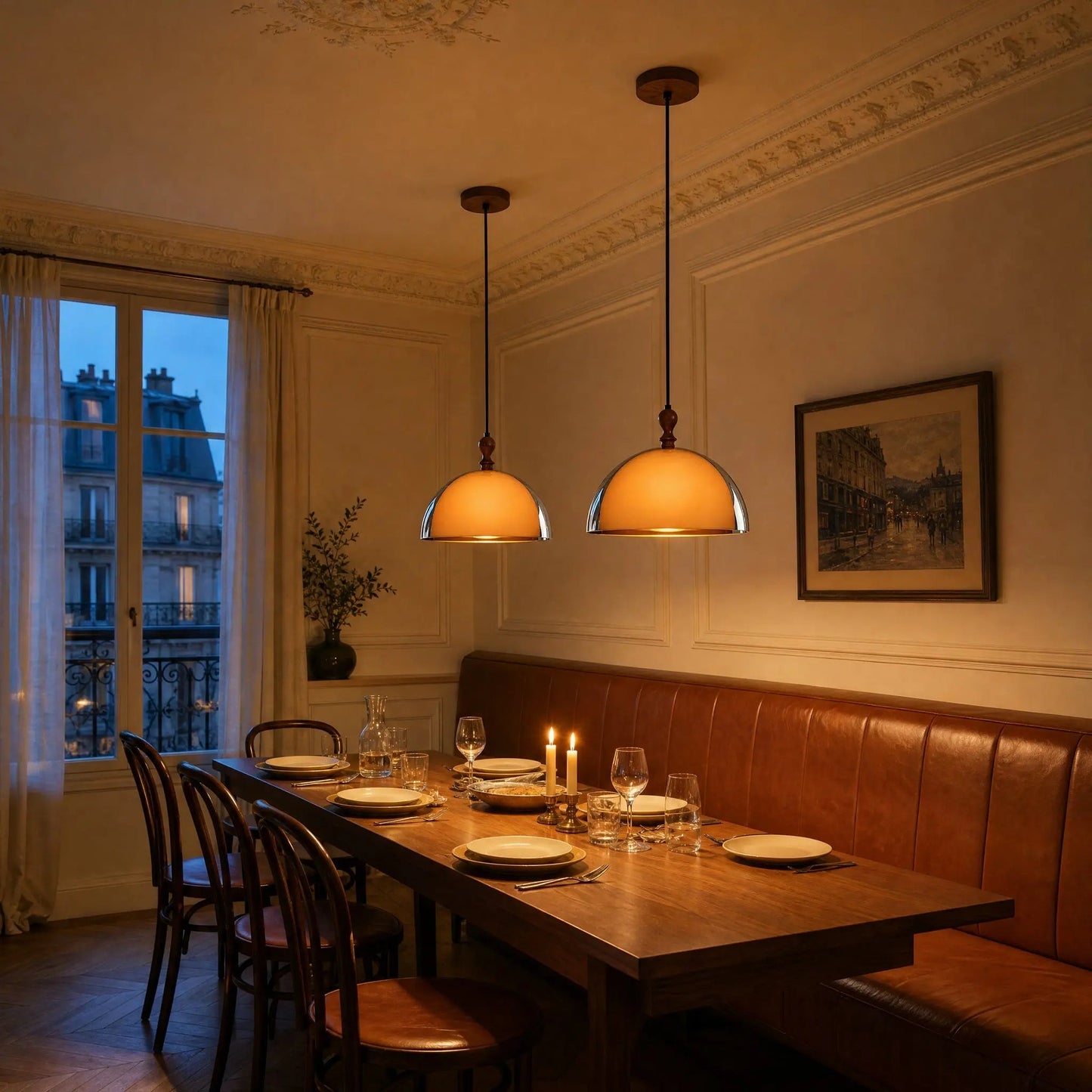 Two Vigin pendant lights aligned above a large table, cognac leather banquette | Wickleigh