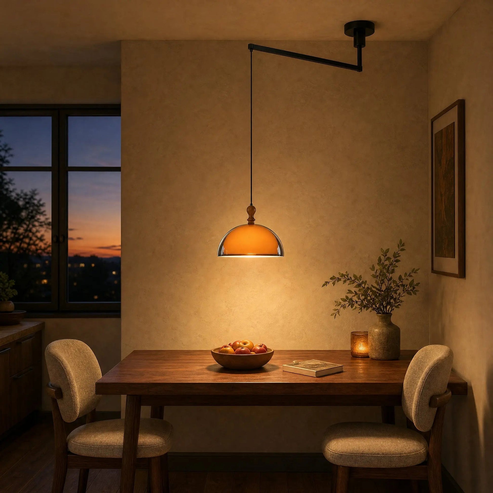 Vigin pendant light with articulated arm extended above a dining table | Wickleigh