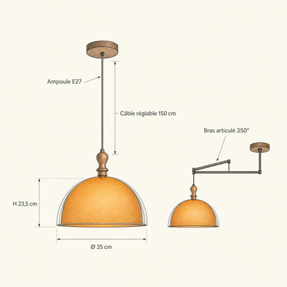Dimension diagram of the Vigin pendant light, dome Ø 35 cm, height 23.5 cm, cable 150 cm | Wickleigh