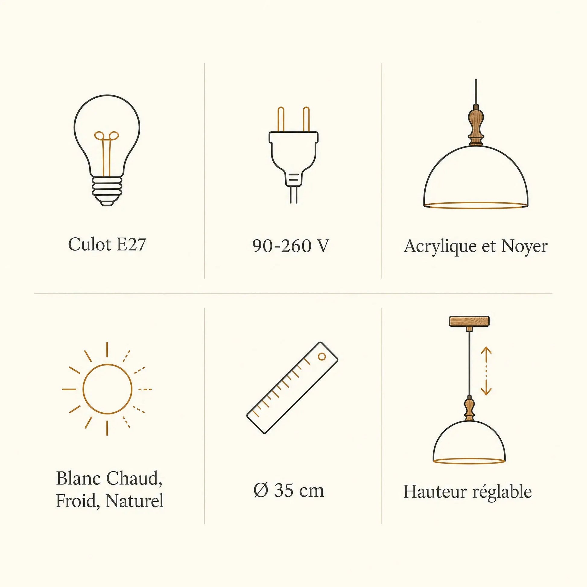 Vigin pendant light features, E27 fitting, 90-260 V, acrylic and walnut | Wickleigh