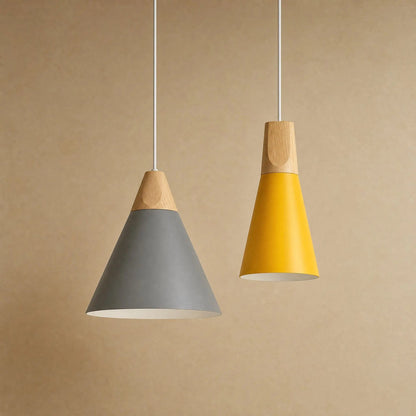 Navlin Scandinavian pendant light, grey cone and yellow spindle duo in solid wood and lacquered iron | Wickleigh