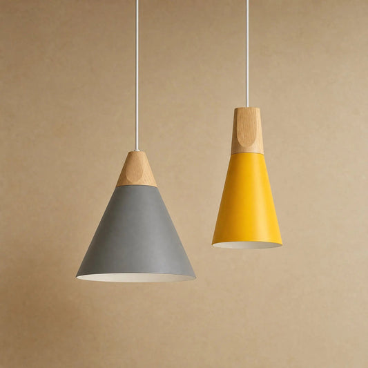 Navlin Scandinavian pendant light, grey cone and yellow spindle duo in solid wood and lacquered iron | Wickleigh