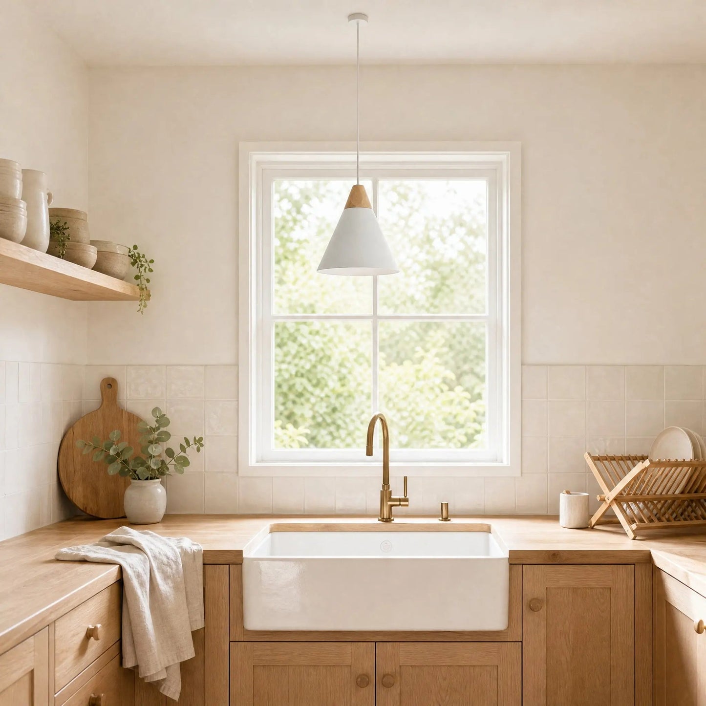 Navlin Scandinavian pendant light, white cone above the sink under a kitchen window | Wickleigh