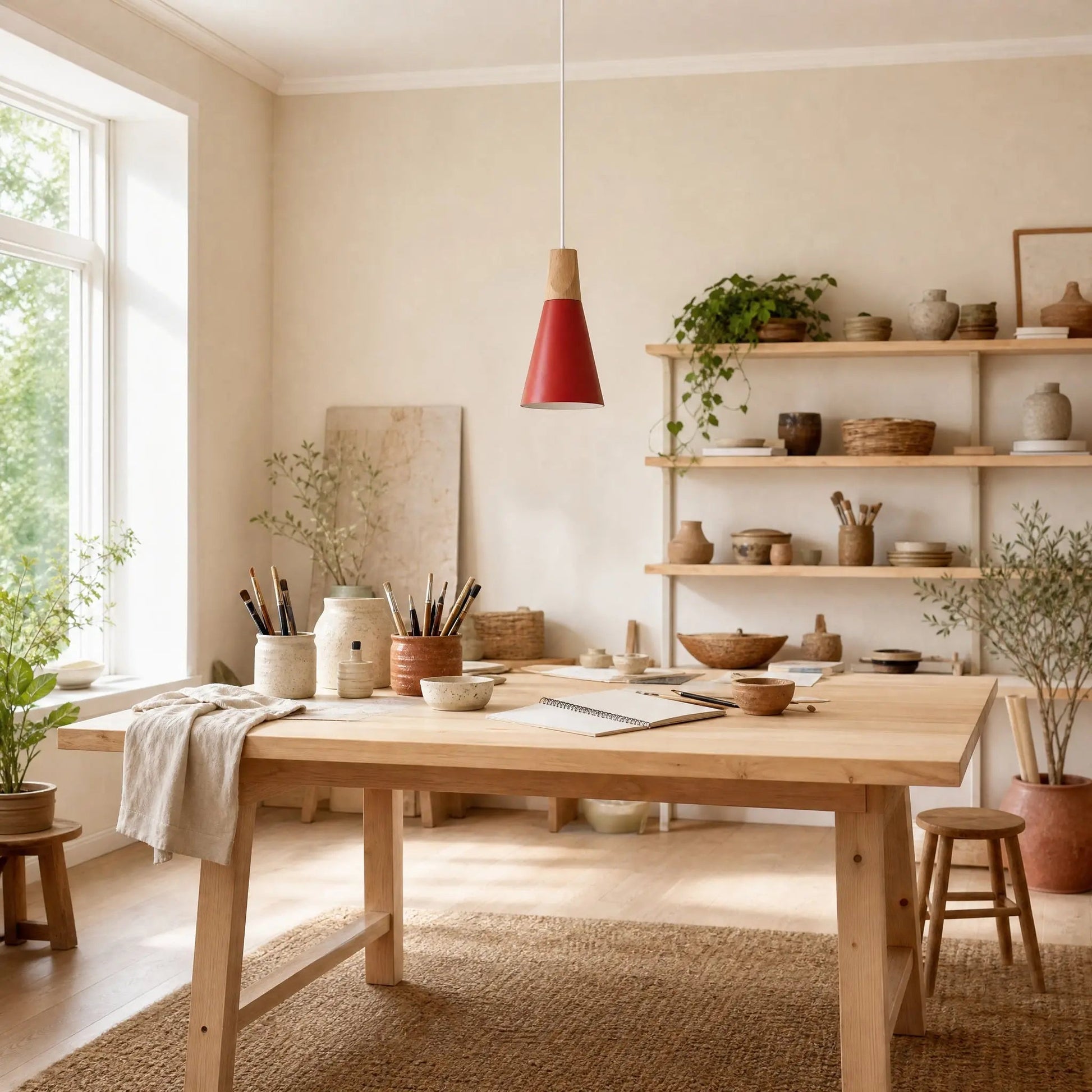 Navlin Scandinavian pendant light, red spindle above a creative studio table | Wickleigh