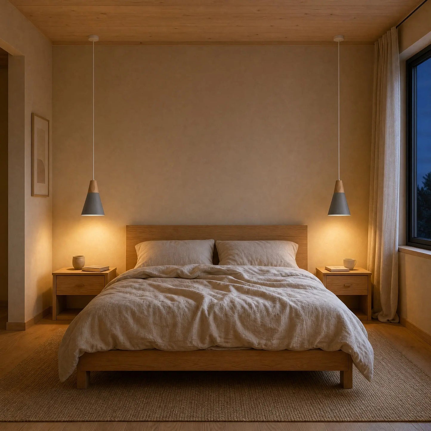 Pair of Navlin Scandinavian pendant lights, blue grey spindle, as bedside lights at dusk | Wickleigh