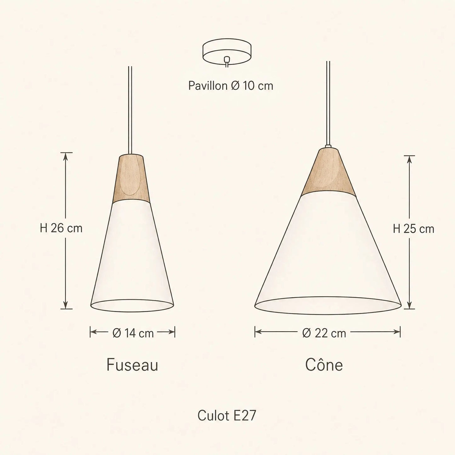Dimension diagram of the Navlin Scandinavian pendant light, spindle Ø 14 x H 26 cm and cone Ø 22 x H 25 cm | Wickleigh