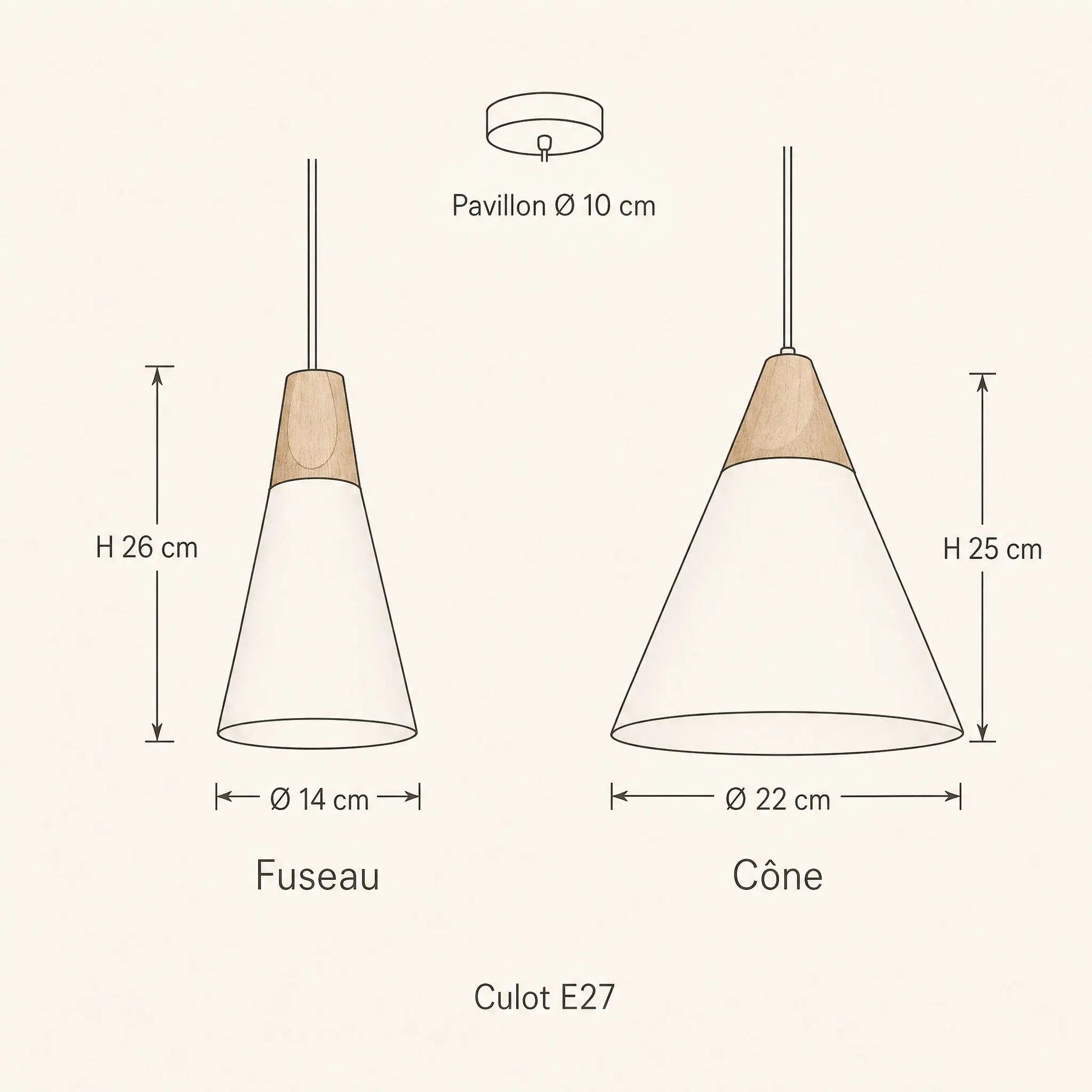 Dimension diagram of the Navlin Scandinavian pendant light, spindle Ø 14 x H 26 cm and cone Ø 22 x H 25 cm | Wickleigh