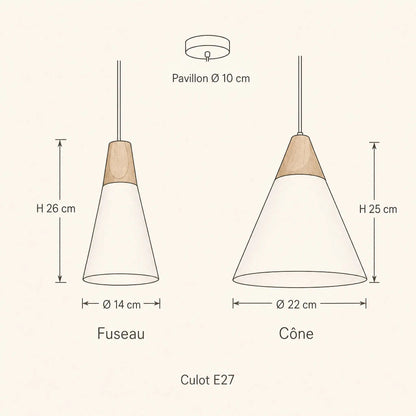Dimension diagram of the Navlin Scandinavian pendant light, spindle Ø 14 x H 26 cm and cone Ø 22 x H 25 cm | Wickleigh
