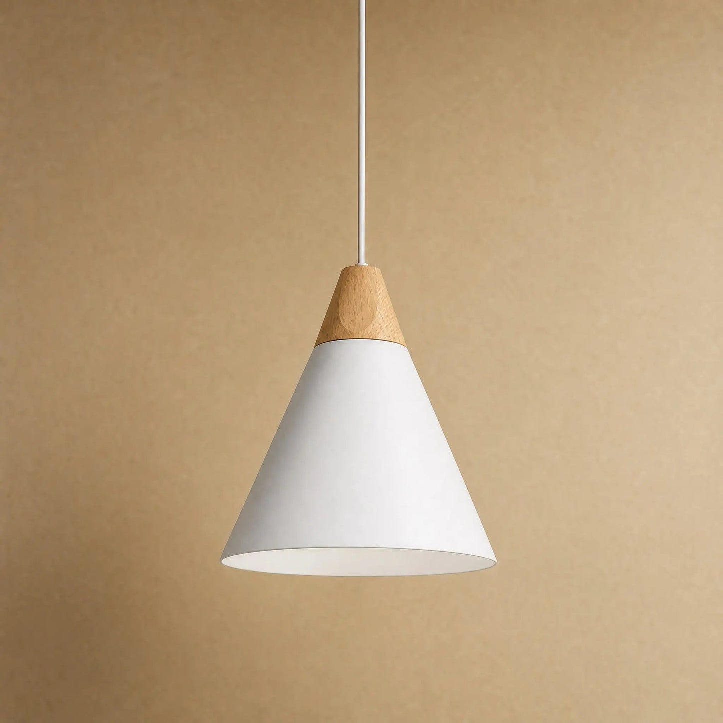 Navlin Scandinavian pendant light, white cone silhouette, solid wood and lacquered iron | Wickleigh