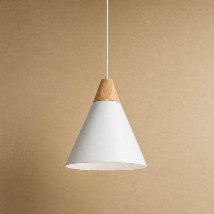 Navlin Scandinavian pendant light, white cone silhouette, solid wood and lacquered iron | Wickleigh