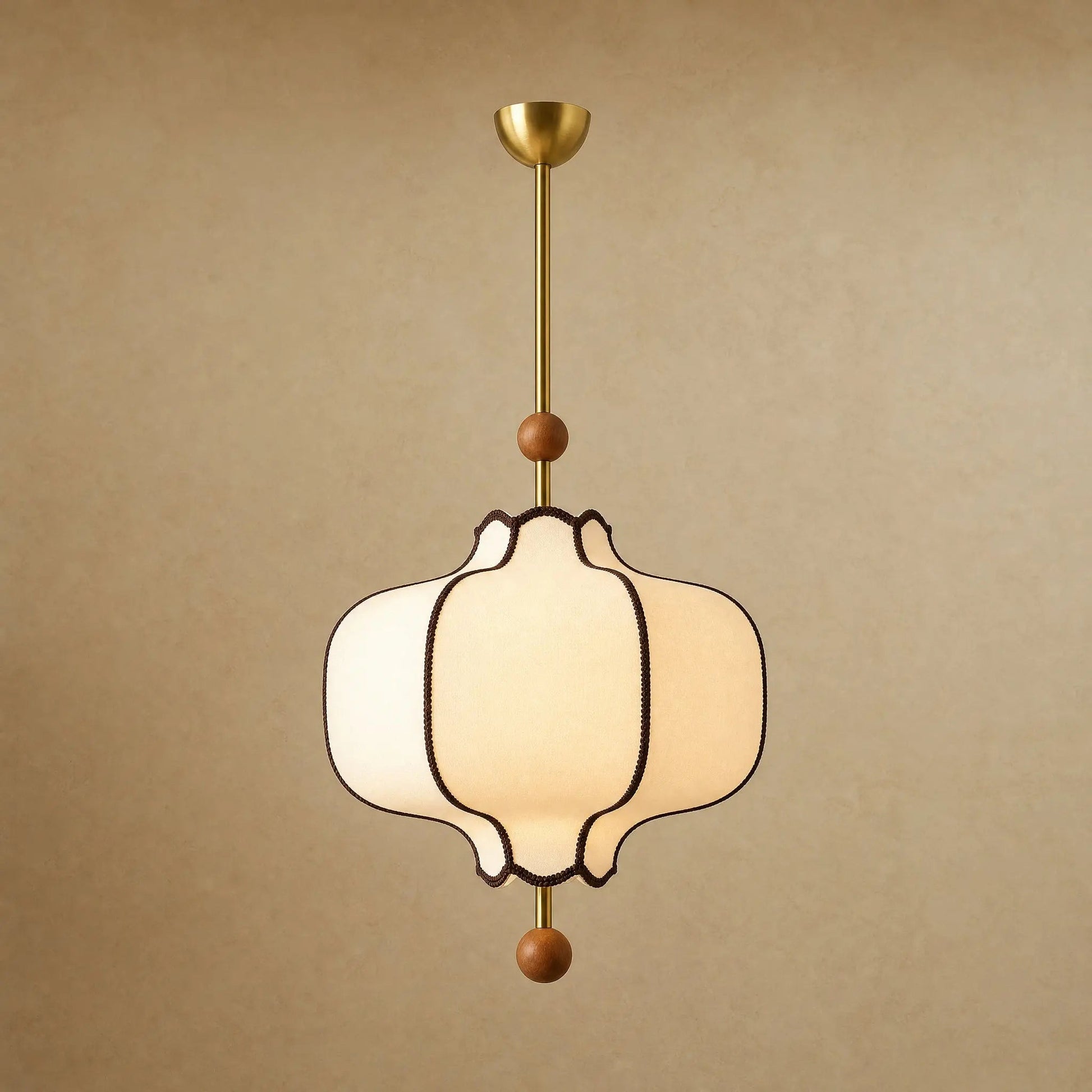Linne vintage pendant light, ecru fabric shade and patinated wood spheres, packshot | Wickleigh