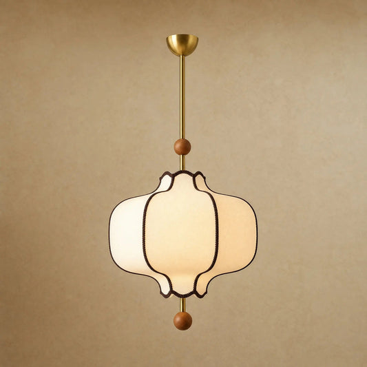 Linne vintage pendant light, ecru fabric shade and patinated wood spheres, packshot | Wickleigh