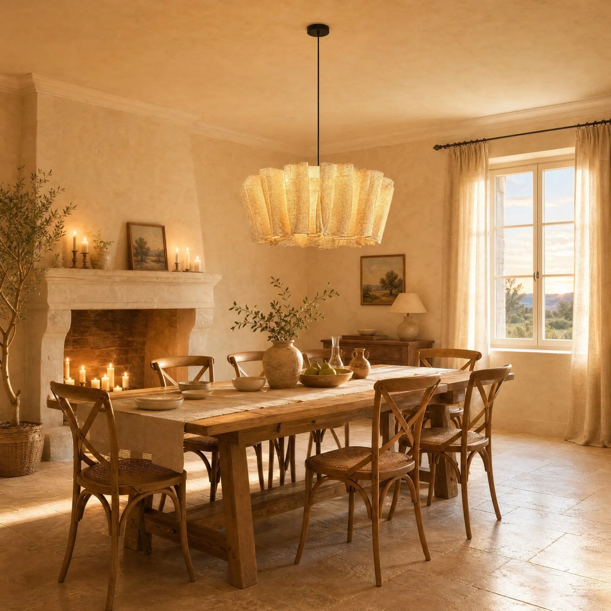 Kelen fabric pendant light Ø 80 cm lit above a farmhouse table, dining room with a fireplace | Wickleigh