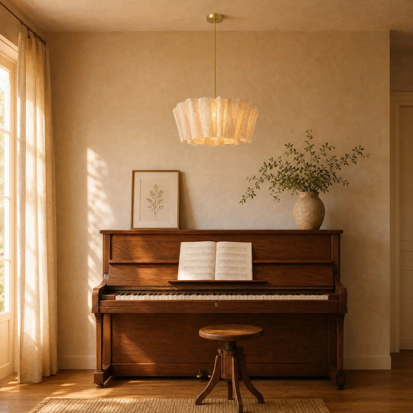 Kelen pendant light on a gold rod, Ø 50 cm, lit above an upright piano | Wickleigh