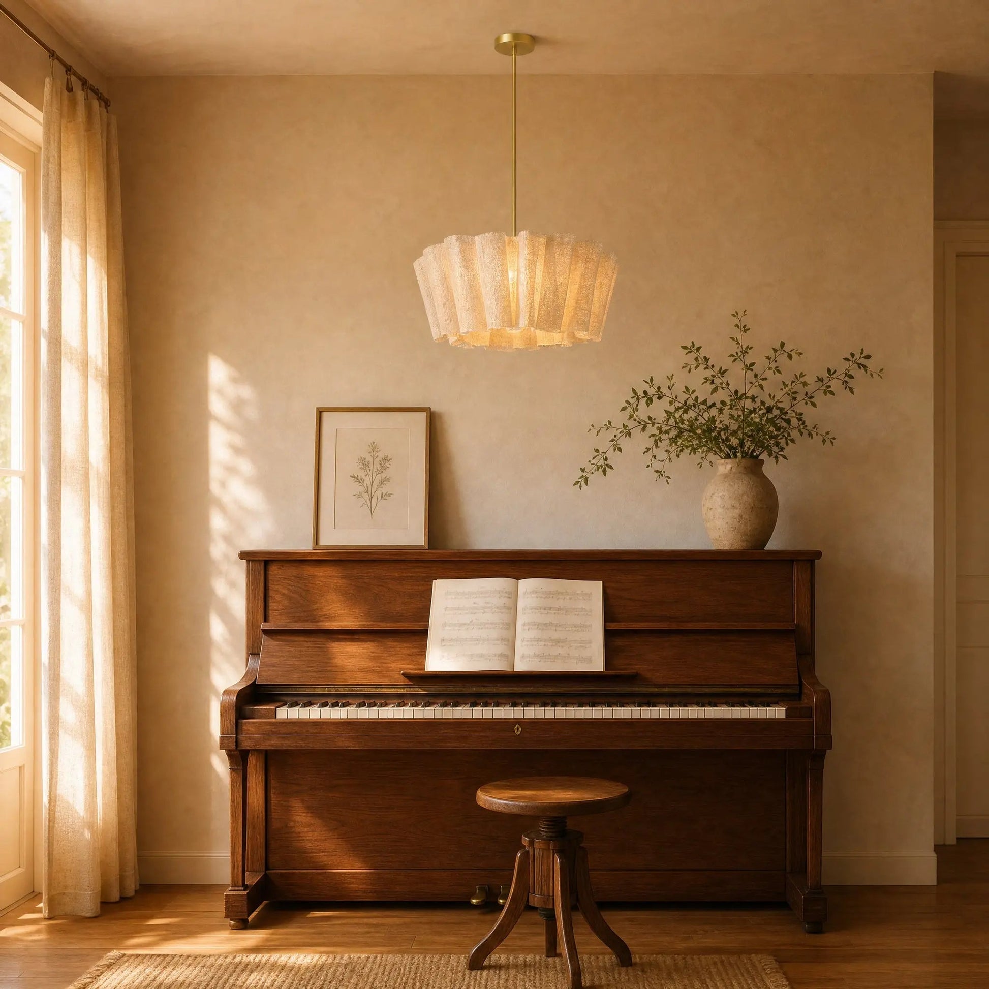 Kelen pendant light on a gold rod, Ø 50 cm, lit above an upright piano | Wickleigh
