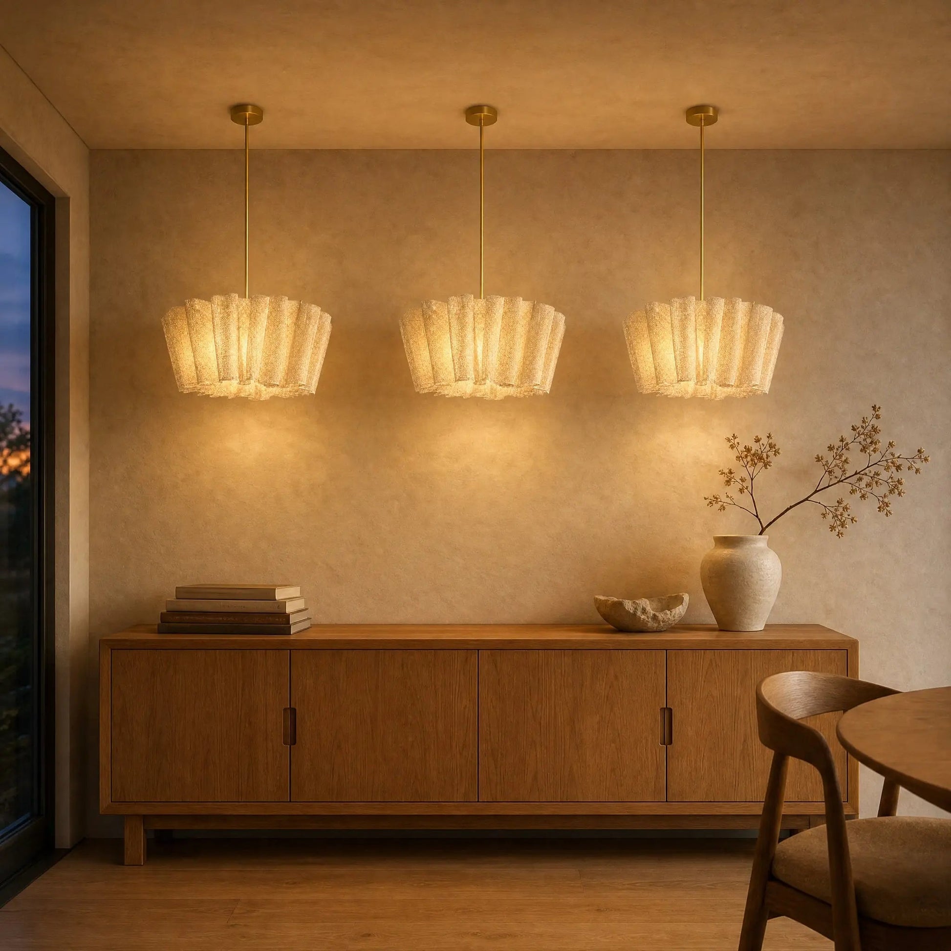 Three Kelen pendant lights on gold rods, Ø 40 cm, lined up above an oak sideboard | Wickleigh