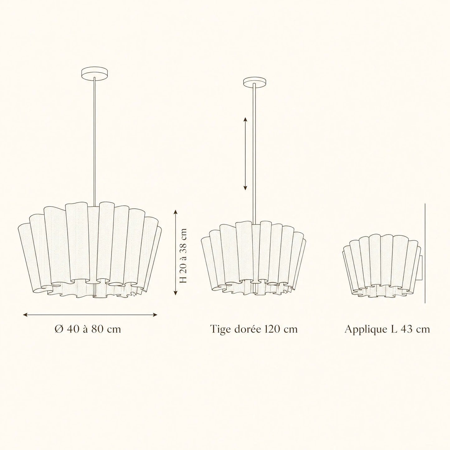 Dimension diagram of the Kelen fabric pendant light, Ø 40 to 80 cm, 120 cm rod, wall light L 43 cm | Wickleigh