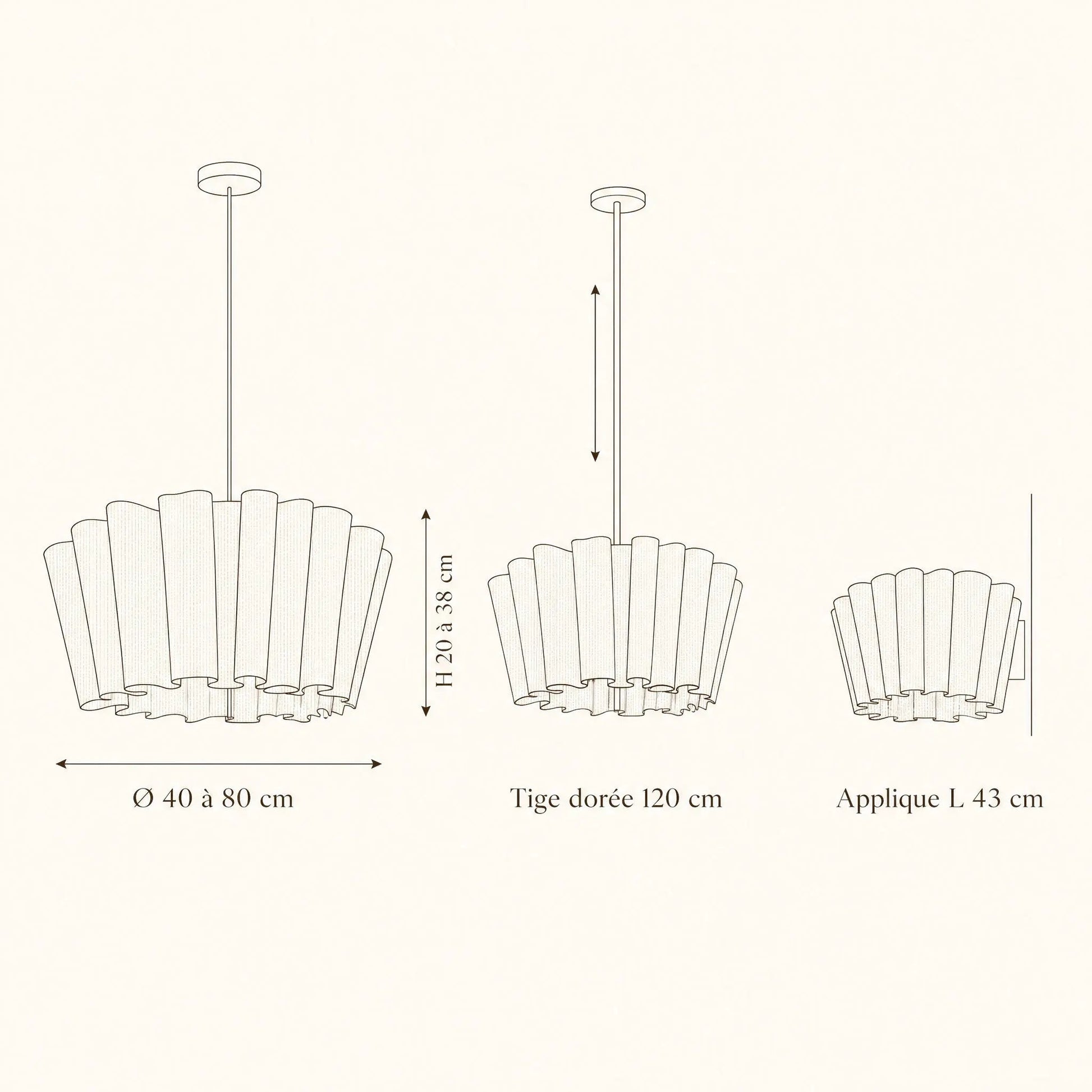 Dimension diagram of the Kelen fabric pendant light, Ø 40 to 80 cm, 120 cm rod, wall light L 43 cm | Wickleigh