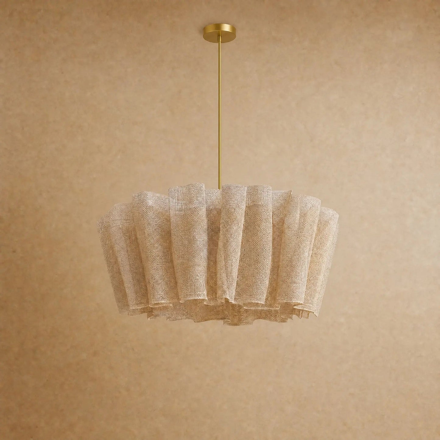 Kelen fabric pendant light on a 120 cm gold rod, studio packshot | Wickleigh