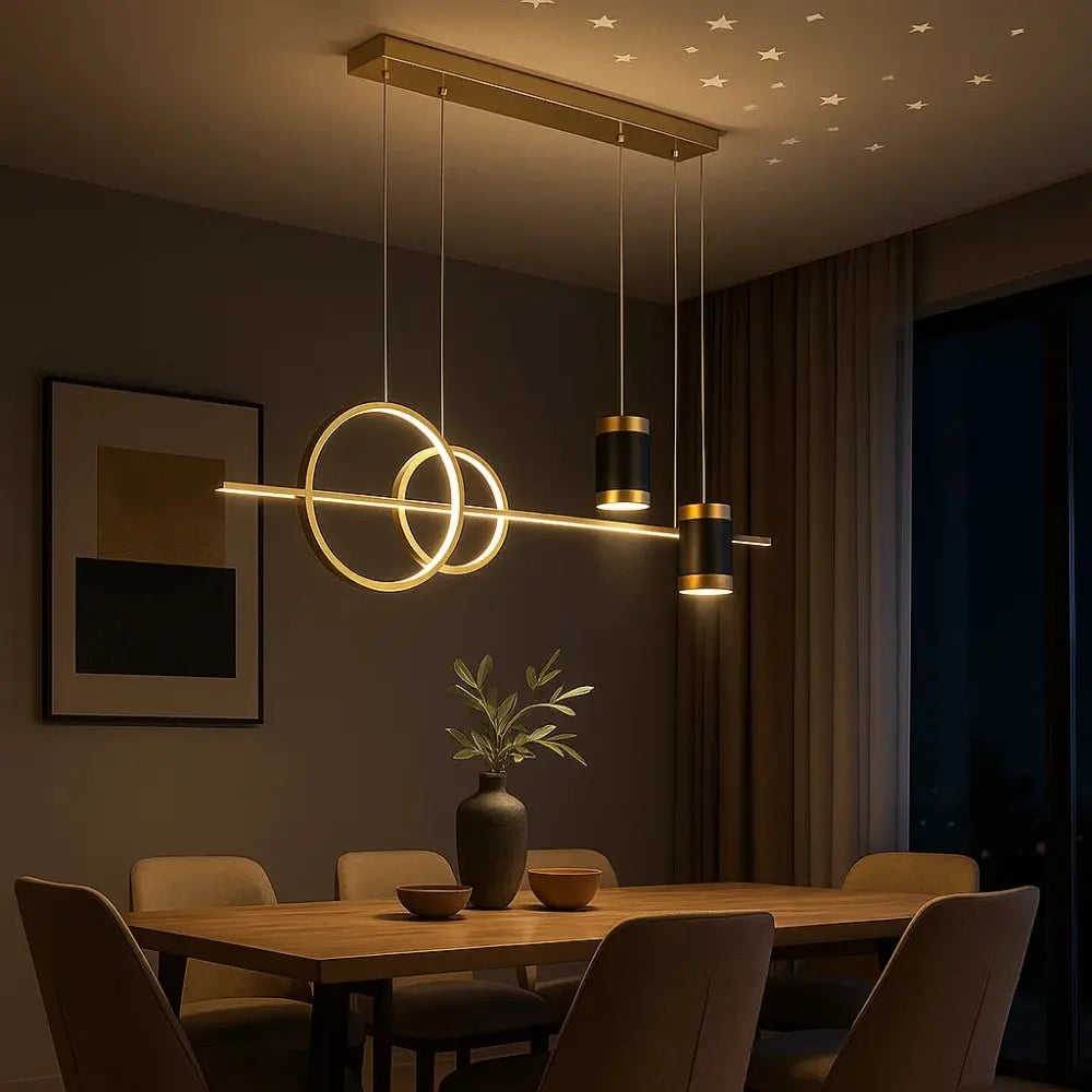 Edova LED pendant light, geometric rings and bars | Wickleigh