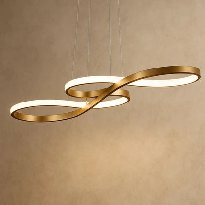 Signa sculptural ribbon pendant light, 92cm, three colour temperatures with remote, gold, packshot | Wickleigh