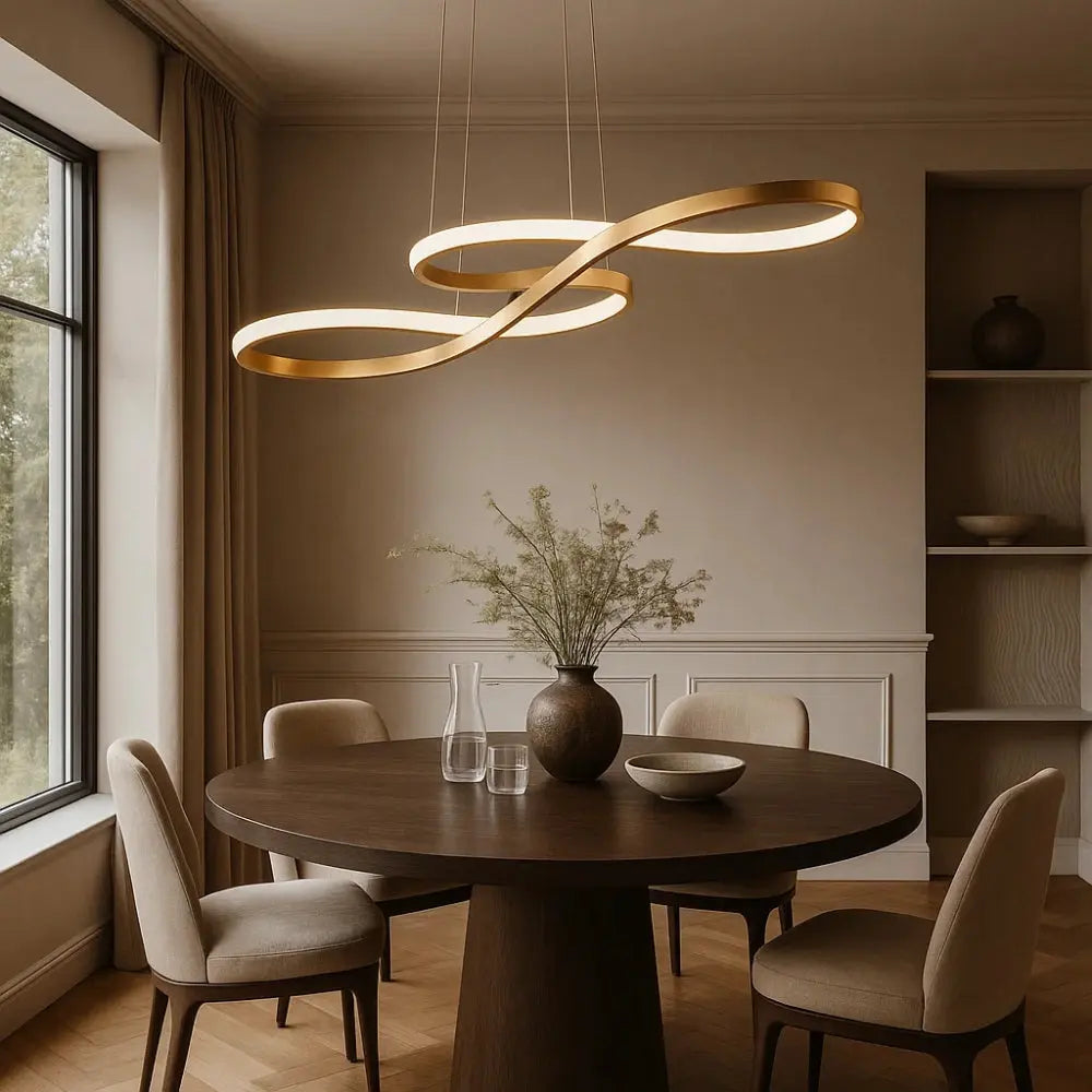 Signa sculptural ribbon pendant light, looping metal rings, packshot | Wickleigh