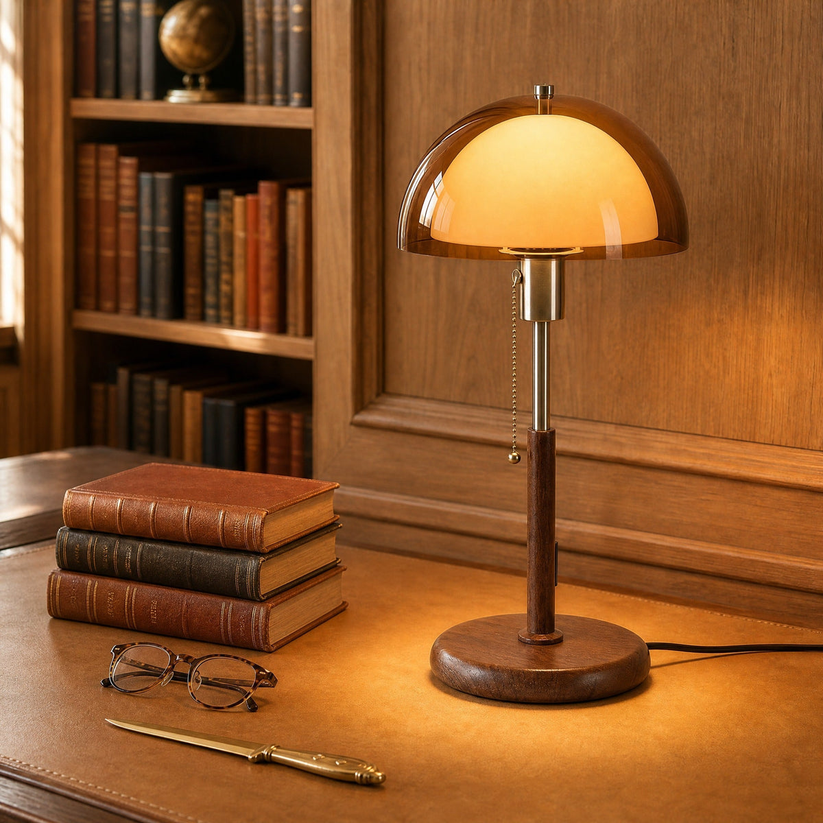 Close-up of the Sorlin amber dome table lamp lit on a tan leather desktop | Wickleigh