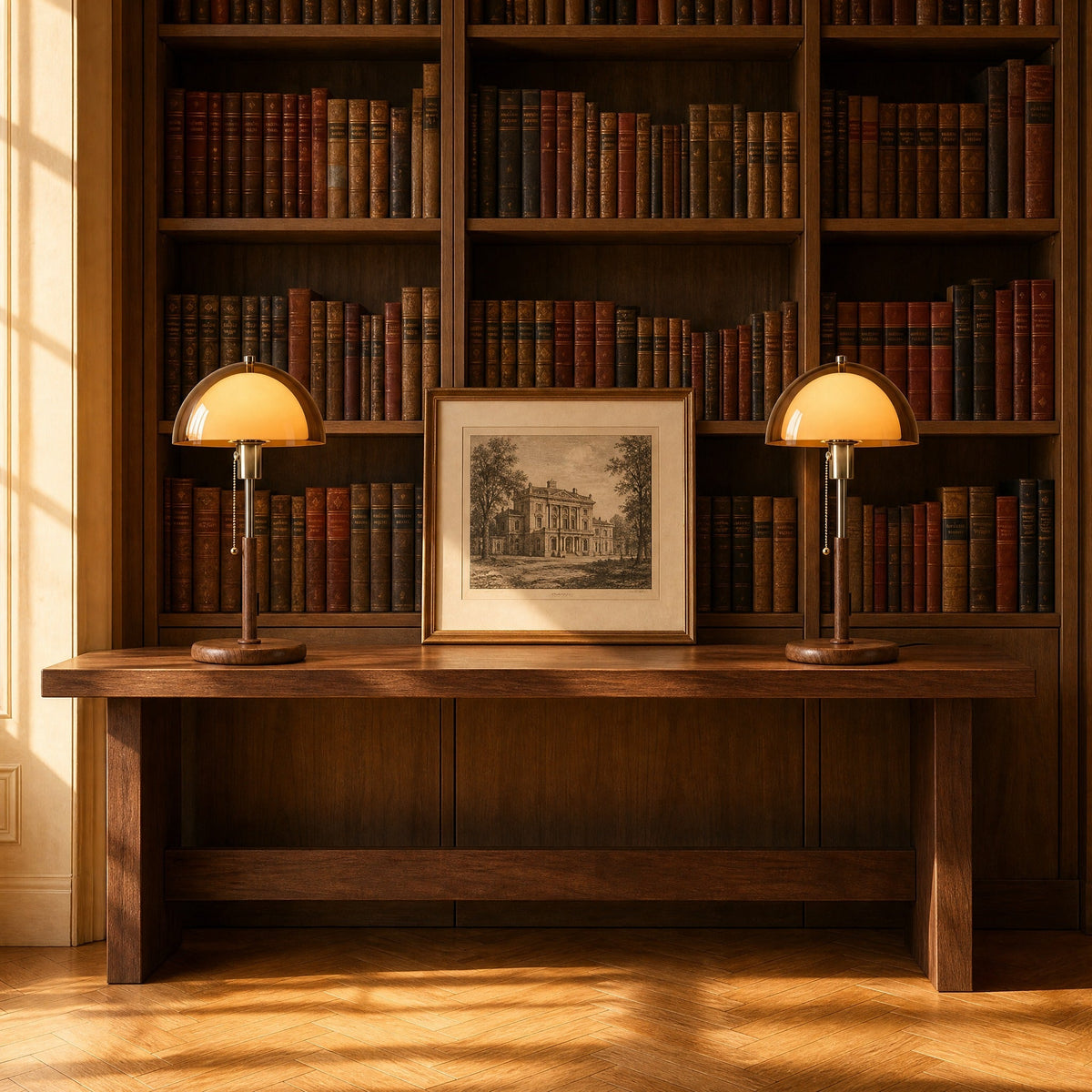 Two Sorlin amber dome table lamps lined up on a library console | Wickleigh