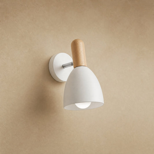 Milna Scandinavian wall light, matt white shade and light wood, tilting head | Wickleigh