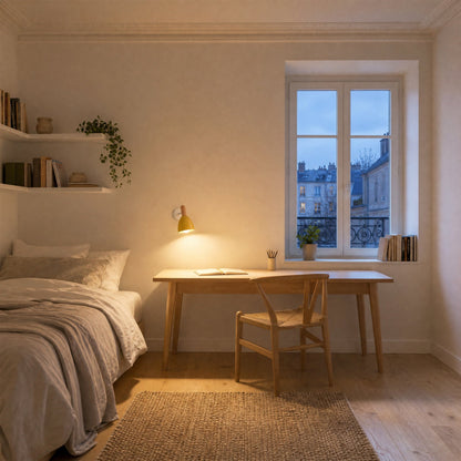 Milna yellow Scandinavian wall light lit above a light wood desk, bedroom at dusk | Wickleigh