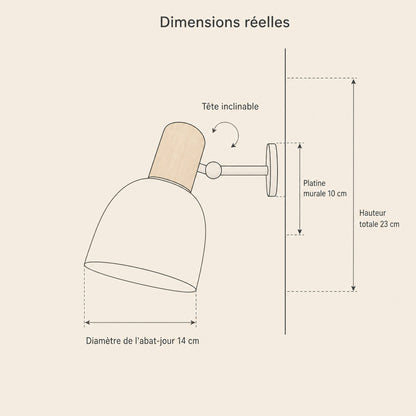 Dimension diagram of the Milna Scandinavian wall light, height 23 cm, shade 14 cm, wall plate 10 cm | Wickleigh