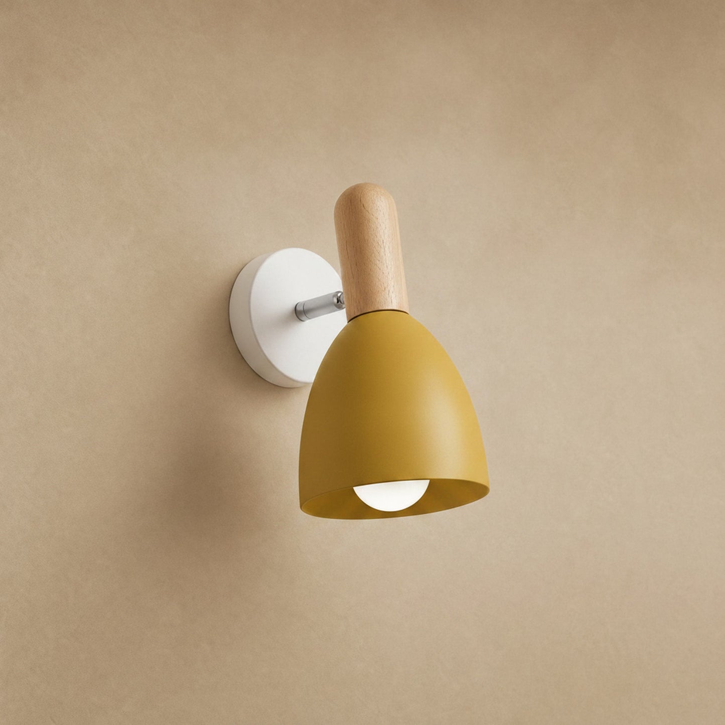 Milna Scandinavian wall light, matt mustard yellow shade and light wood | Wickleigh
