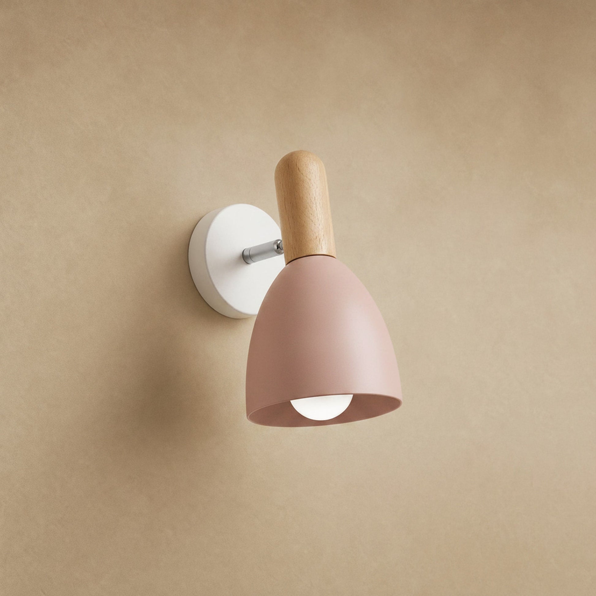 Milna Scandinavian wall light, matt powder pink shade and light wood | Wickleigh