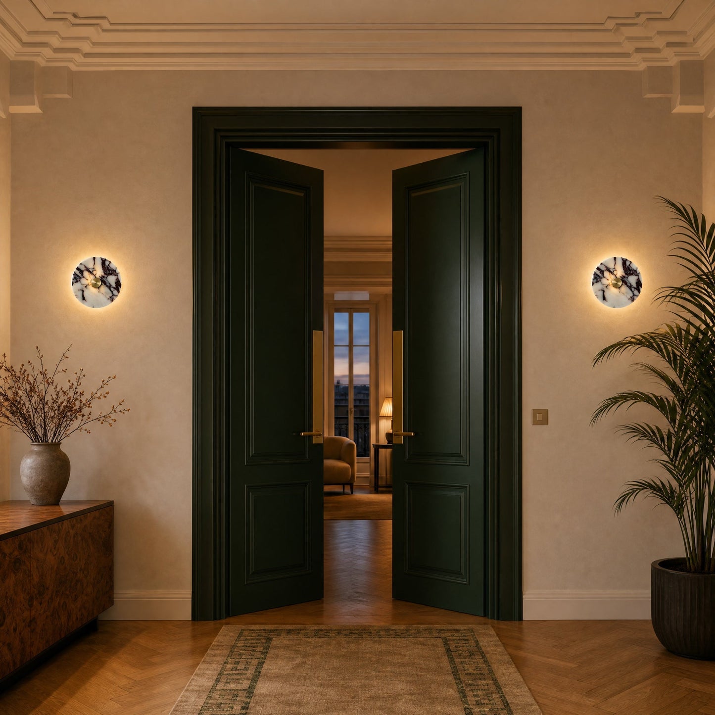 Pair of Belna Art Deco wall lights flanking a bottle green lacquered double door | Wickleigh