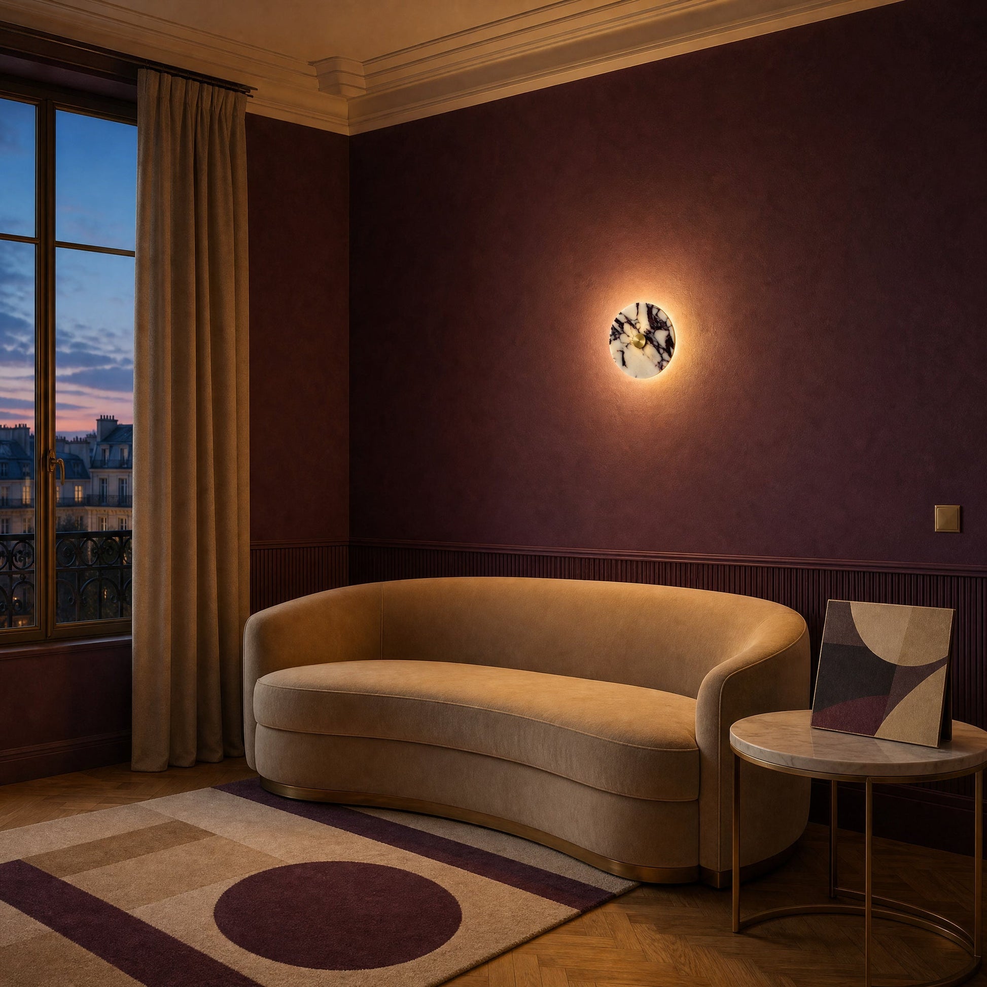 Belna Art Deco wall light lit in a plum stucco living room | Wickleigh