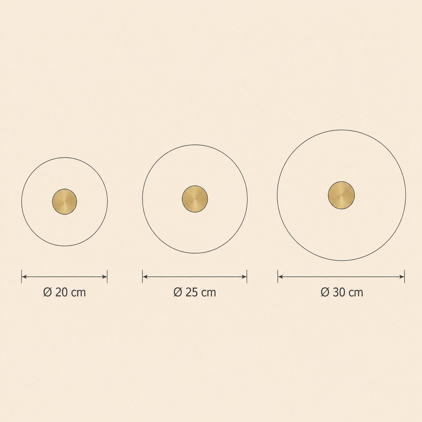Dimension diagram of the Belna Art Deco wall light, 20, 25 and 30 cm diameters | Wickleigh