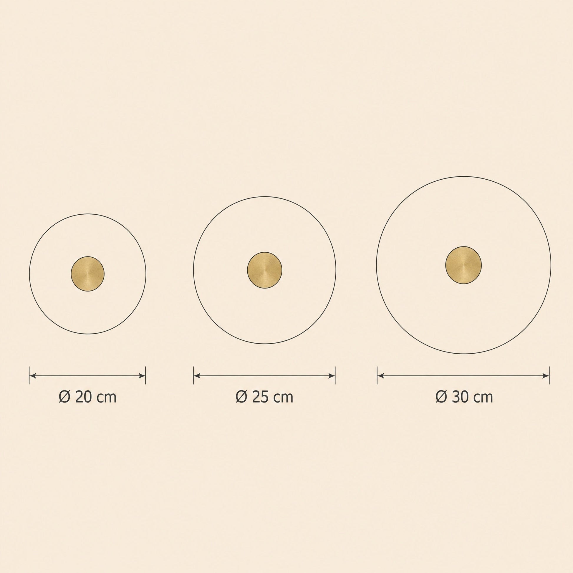 Dimension diagram of the Belna Art Deco wall light, 20, 25 and 30 cm diameters | Wickleigh