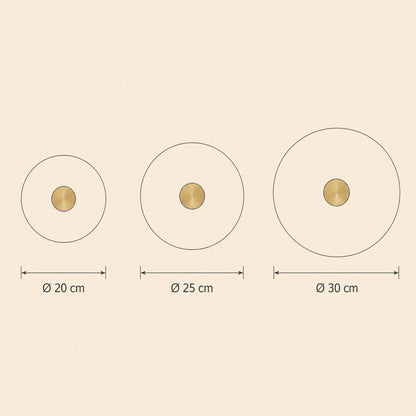 Dimension diagram of the Belna Art Deco wall light, 20, 25 and 30 cm diameters | Wickleigh