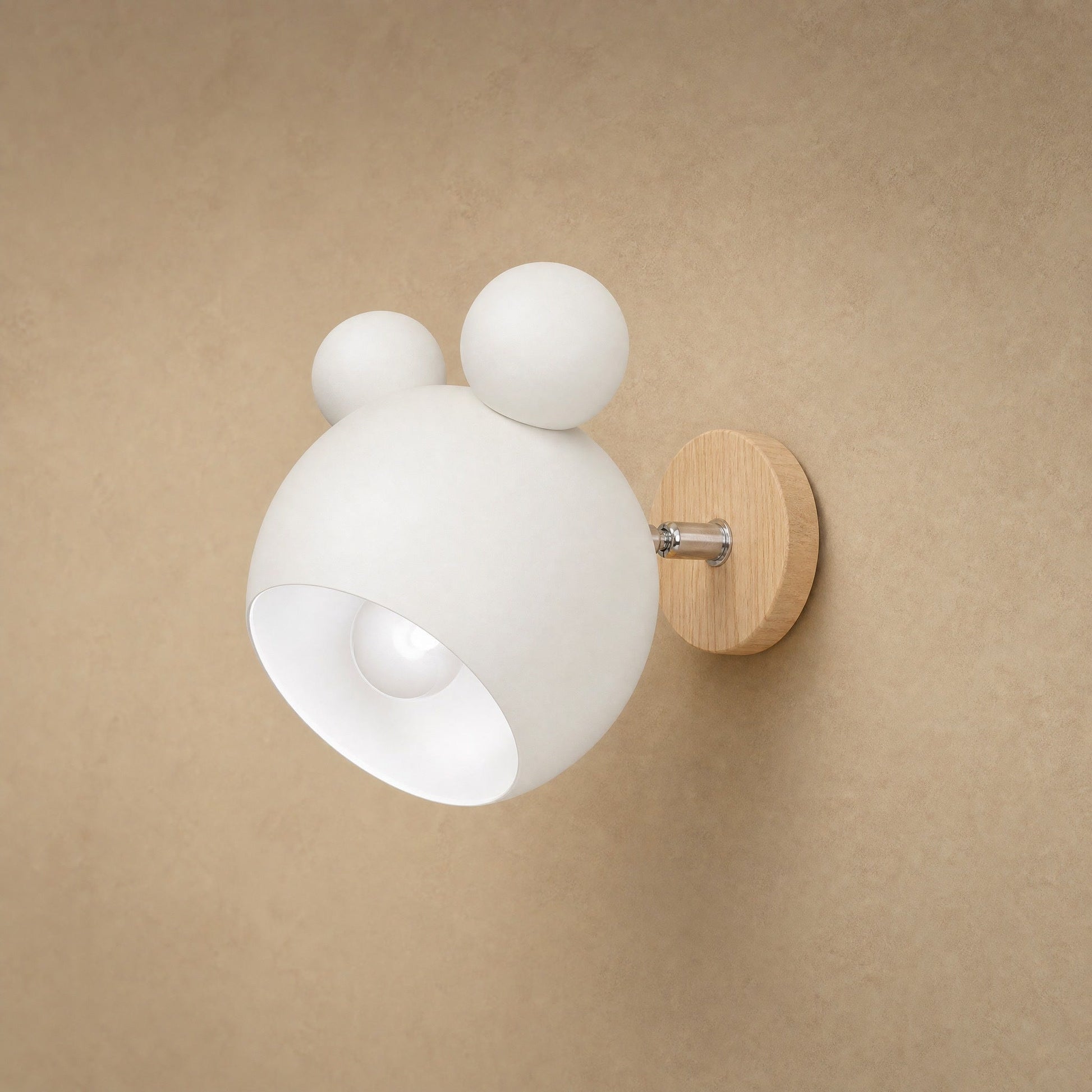 Berrin white wall light with pull switch, lacquered globe and light wood plate | Wickleigh
