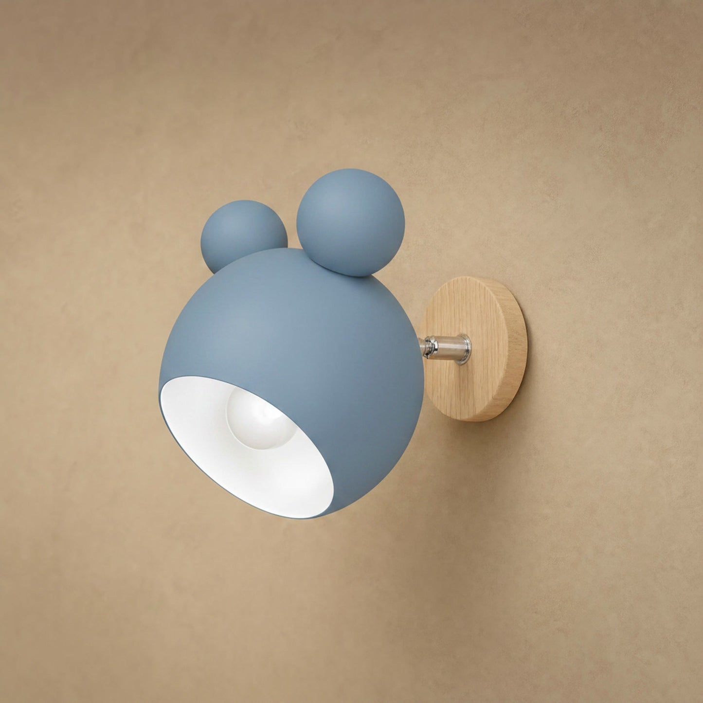 Berrin powder blue wall light, matt lacquered globe and light wood plate | Wickleigh