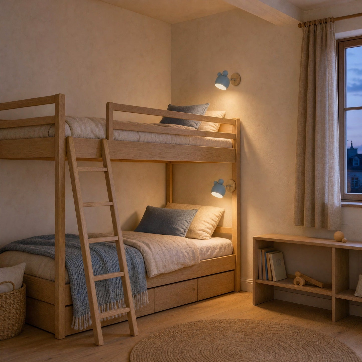 Two Berrin blue wall lights lit in the evening above light wood bunk beds | Wickleigh