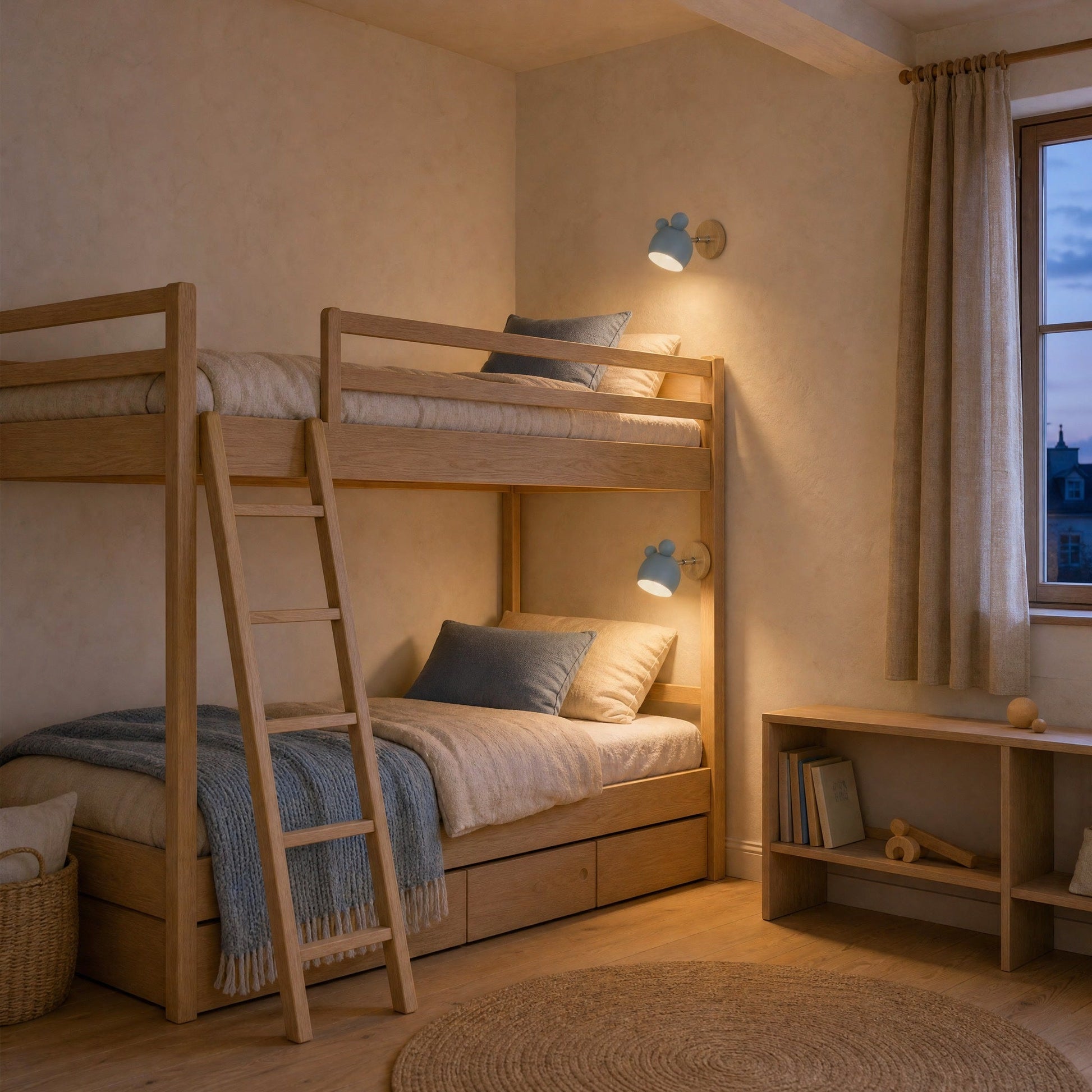 Two Berrin blue wall lights lit in the evening above light wood bunk beds | Wickleigh