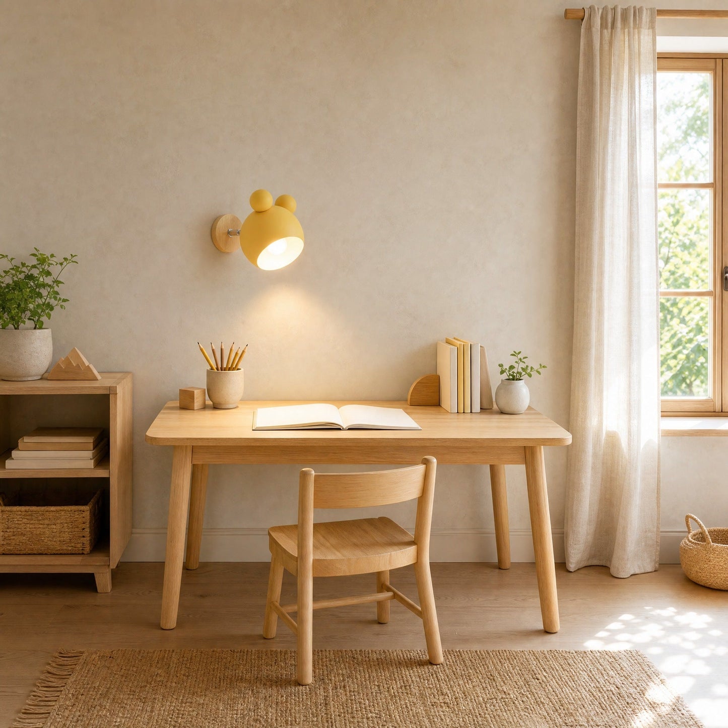 Berrin yellow wall light tilted towards a light oak child's desk | Wickleigh