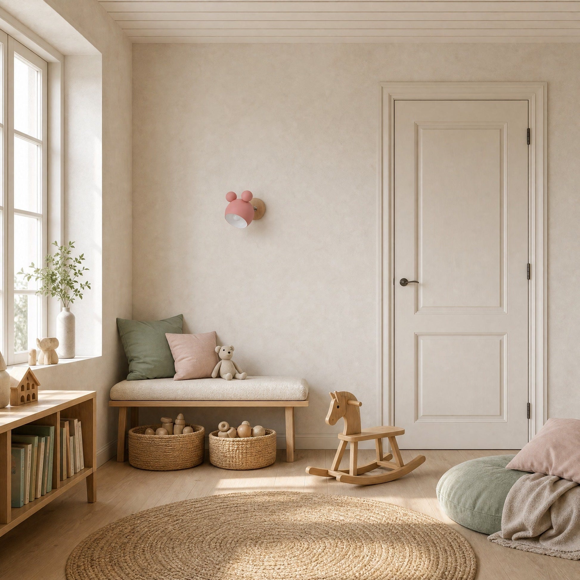 Berrin pink wall light above a playroom bench in daylight | Wickleigh